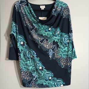 Jaclyn Smith Navy and Teal‎ Paisley Blouse M